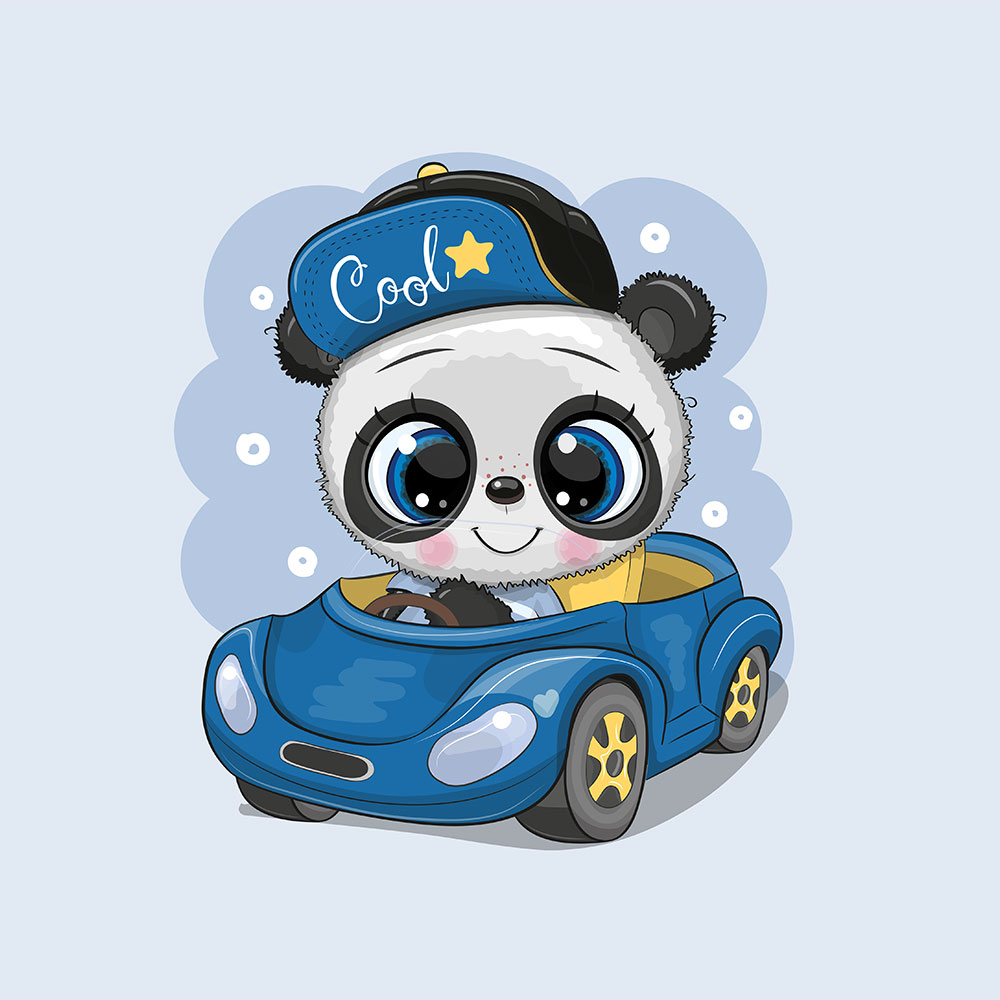 Panel teplákovina - Panda cool v autíčku
